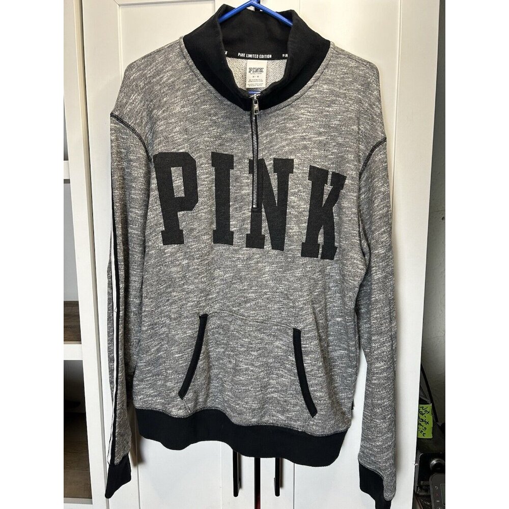 VS PINK‎ LIMITED EDITION Size M Half Zip Long Sleeve Pullover Gray Pinstripe